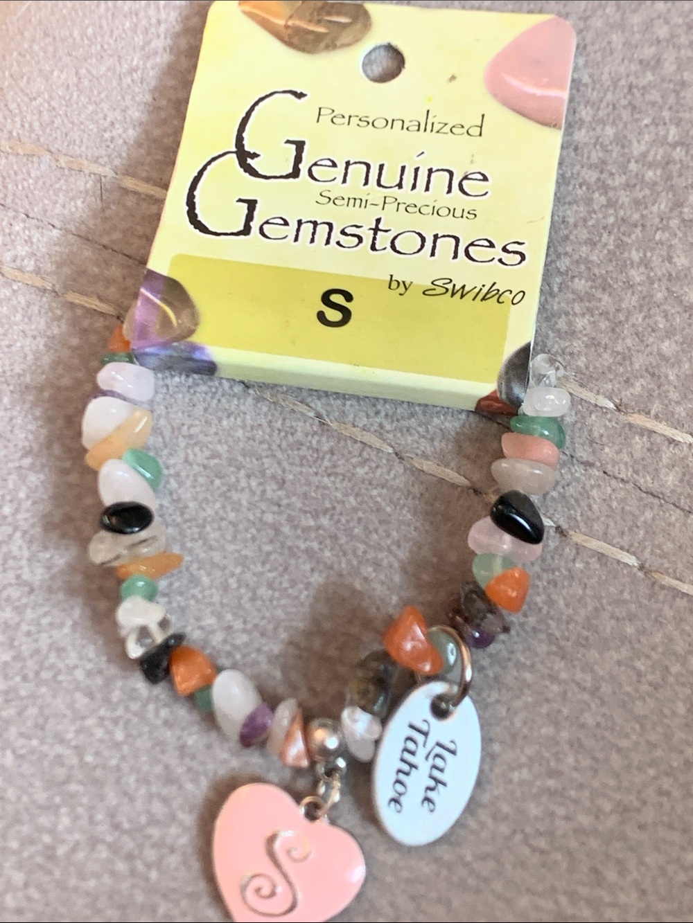 Genuine Gemstones Multicolor Chip Bracelet with Pink Heart Initial Charm